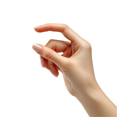 Caucasian female s hand gesture. Pinch, hold, sprinkle action showing salt or spice. Tiny fingers, isolated on a white background