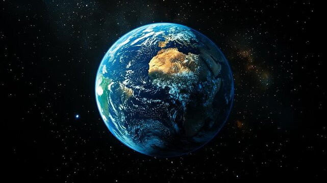 Earth's vibrant view from space. Earth floats in space, displaying continents, oceans, and clouds against a starlit backdrop.