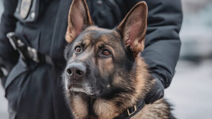 German shepherd police dog in action with officer in uniform