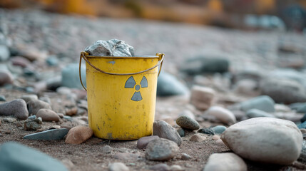 Yellow bucket with radioactive symbol on rocky shoreline
