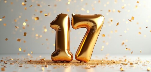 Shiny gold number seventeen balloon with confetti celebrating party. Metallic numeral 17 symbol of anniversary birthday. Festive elegant event celebration with golden confetti. Jubilant bright