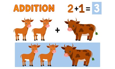 illustration demonstrating the concept of addition using cartoon cows, educational materials aimed at teaching basic addition to young children, basic addition, equation 2 + 1 = 3