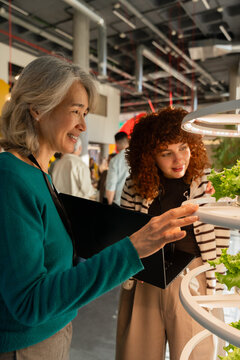 Asian mature woman examining modern indoor garden setup