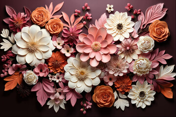 Colorful paper flowers in cream, pink, and orange on dark background. Handmade floral craft artwork.