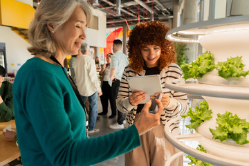 Women examining modern hydroponic cultivation at the office