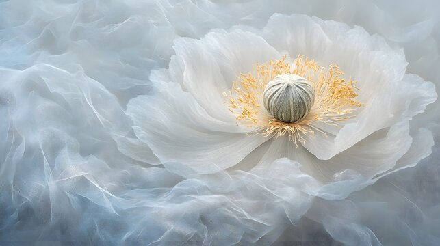 Delicate White Poppy Flower on Sheer Fabric