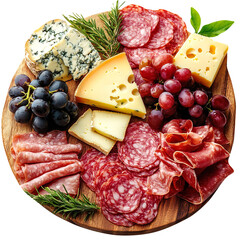 Charcuterie board with assorted cheese, meat, and grapes isolated on a white background.
