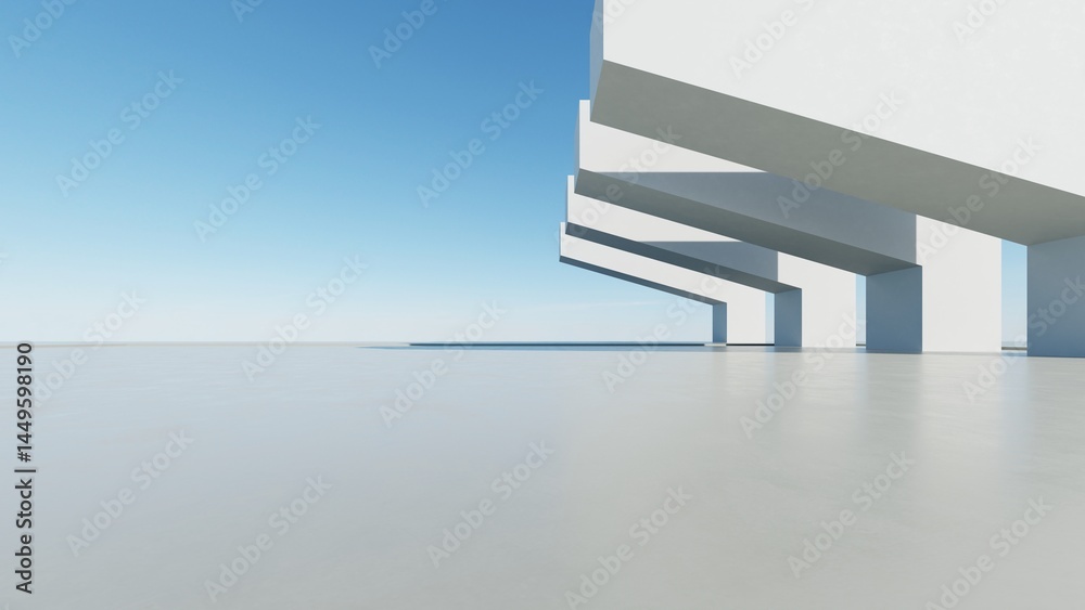 Aufkleber 3d render of abstract modern geometry architecture with empty cement floor, minimal exterior, car pr