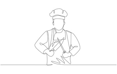 Continuous one line drawing of chef sharpening knife, professional culinary craftsmanship concept, single line art