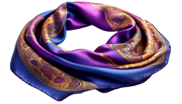Purple Blue Gold Paisley Silk Scarf Draped on Transparent Background - Powered by Adobe