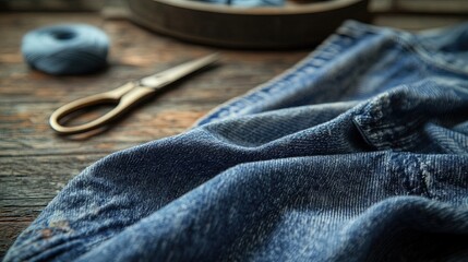 classic blue denim fabric, showcasing its rugged texture, diagonal twill weave, and faded areas, placed on a vintage sewing table with scissors and thread