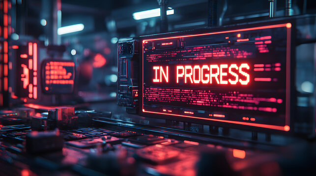 A digital interface displays code with the phrase "IN PROGRESS" highlighted, indicating ongoing development or processing tasks.