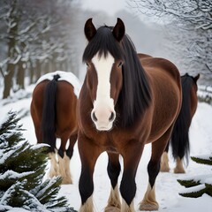 Obraz premium Potrait of shire Horse and its friend enjoy its cold day in the outside AI Generated Image