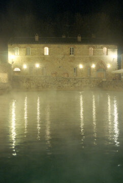 Roman thermal bath village in the evening, Italy
