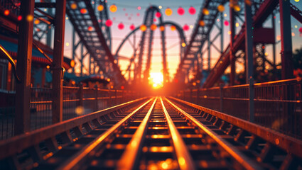 Fototapeta premium Rollercoaster tracks leading to sunset in amusement park
