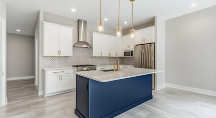 Modern, bright kitchen with white cabinetry, a navy blue island, and gold accents.  Stainless steel appliances, and a subway tile backsplash