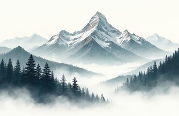 Obraz premium Ink illustration shows mountain landscape in fog. Evergreen trees on slopes, snow-capped peaks. Beautiful natural scenery, perfect for travel and tourism, meditation or relaxation, postcards, posters.