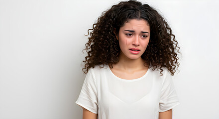 A poignant image of a woman with curly hair, visibly upset, tears streaming down her face, capturing a moment of deep emotion.