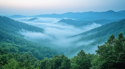 Fototapeta premium Misty mountain sunrise, valley view, scenic landscape, travel poster