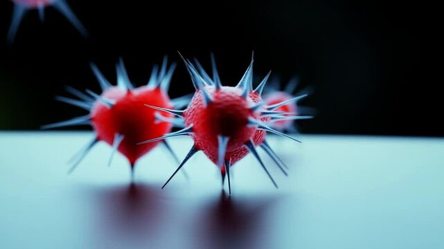 Microscopic view of spikes. Close-up view of striking red spiked structures under a microscope, showcasing intricate details and textures.