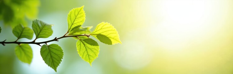 Fototapeta premium Sunlit green leaves growing branch against blurred background. Nature composition, sunlight, environment concept. Fresh leaves in garden forest. Eco friendly, sustainable concept. Spring, summer