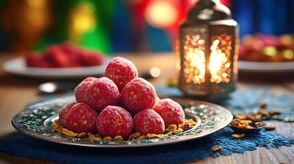 Fototapeta premium Sweet Red Confectionery Pyramid on Ornate Plate