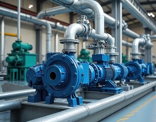 Industrial wastewater utility pumps in treatment facility. Pipes, machinery showcase infrastructure for water management. System monitoring, measurement, automation, optimization of sewage, drainage.