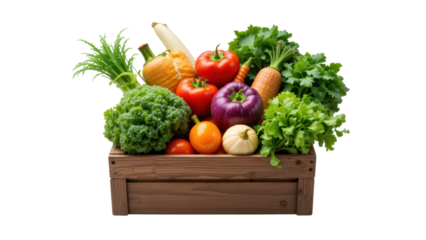 Collection of various colorful fruits and vegetables arranged inside a wooden crate, showcasing a bountiful harvest or market display. isolated on transpraent png