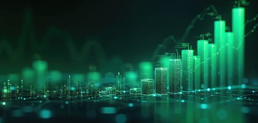 Futuristic stock market performance illustration, glowing green bars, data chart, business finance, investment. Trading, economic growth concept. Modern digital tech visualization with abstract