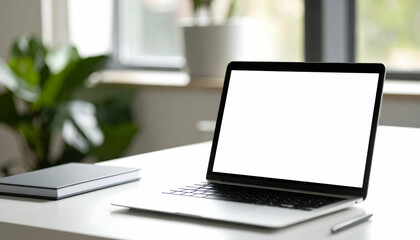 Modern Laptop On A White Desk In Office Workspace