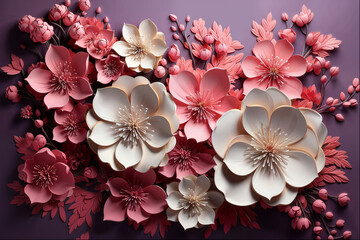 Elegant paper flowers in pink and white tones on purple background, 3D floral design, spring decor.