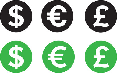 Currency Symbol Icons – Dollar, Euro, and Pound in Black and Green Variants