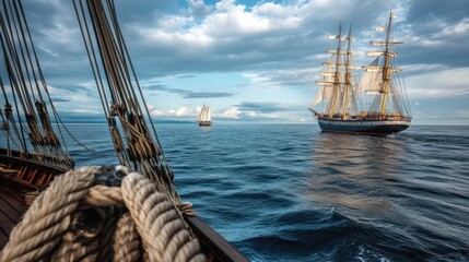 Obraz premium Historic sailing ships on a vast expanse of water.