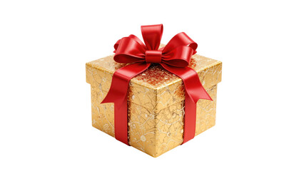Obraz premium gift box, golden in color, adorned with a vibrant red ribbon and bow. isolated on transpraent png