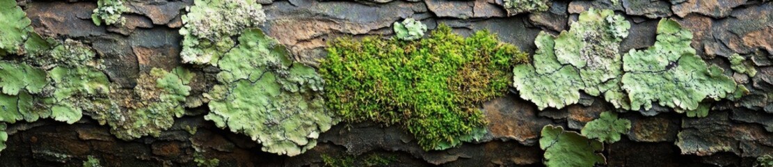 Moss and lichen on tree bark, forest background, nature texture