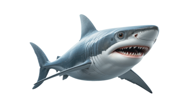 menacing great white shark, showcasing sharp teeth and a powerful jaw isolated on transpraent png
