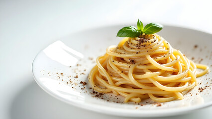 Elegant serving of spaghetti with black pepper and basil garnish on a white plate, minimal style and soft lighting, perfect for food and restaurant-themed visuals.