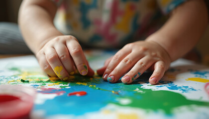 Fototapeta premium Child hands paint on white paper with colorful paints. Child creates art with creativity, inspiration, expression. Art therapy session in creative art school. Education, childhood, fun.