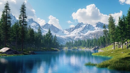 Mountain lake scenic view, summer day, serene landscape