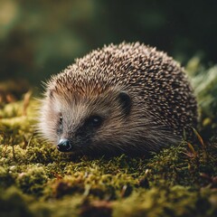 Serene woodland portrait of a european hedgehog amidst lush green moss