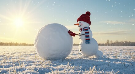 Snowman building a snowball in a sunny winter landscape  