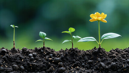 Growing plants and yellow flower showing plant development stages from seedling to maturity