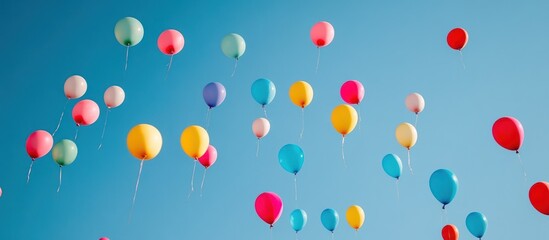 A vibrant display of colorful balloons floating in a clear blue sky.