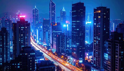 Fototapeta premium Nighttime cityscape urban skyline aerial view vibrant lights modern architecture futuristic atmosphere