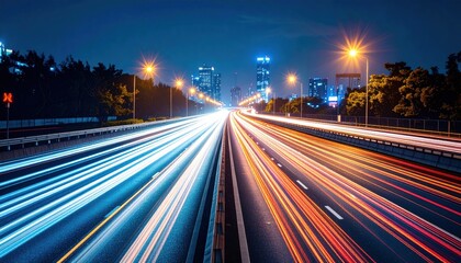 Nighttime traffic flow urban city long exposure photography vibrant lights aerial view motion dynamics for seo impact