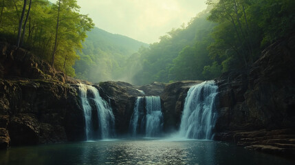 Fototapeta premium Scenic Waterfall in Lush Forest at Sunrise – Peaceful Nature Landscape