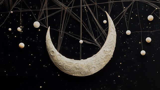 Artistic crescent moon suspended in the dark night sky surrounded by faint cosmic elements