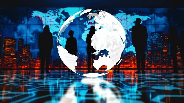 Digital global connections. Silhouetted figures stand before a vibrant world map display, symbolizing global networking and digital engagement.