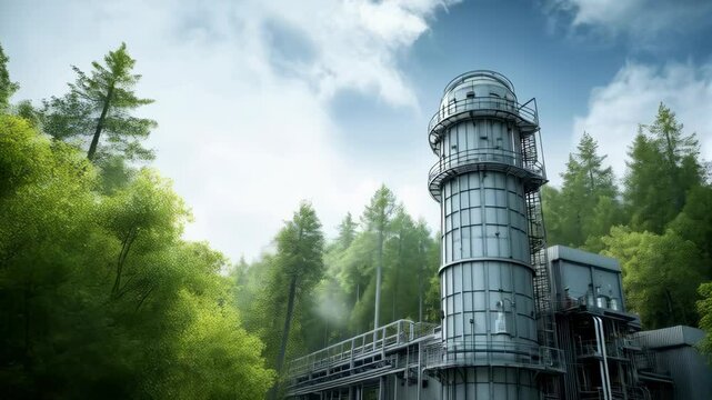 Metal industrial plant amidst lush green forest trees and foliage under bright sky, showcasing sustainable technology and nature conservation efforts