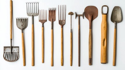 A selection of farming tools, including rake and shovel, white background